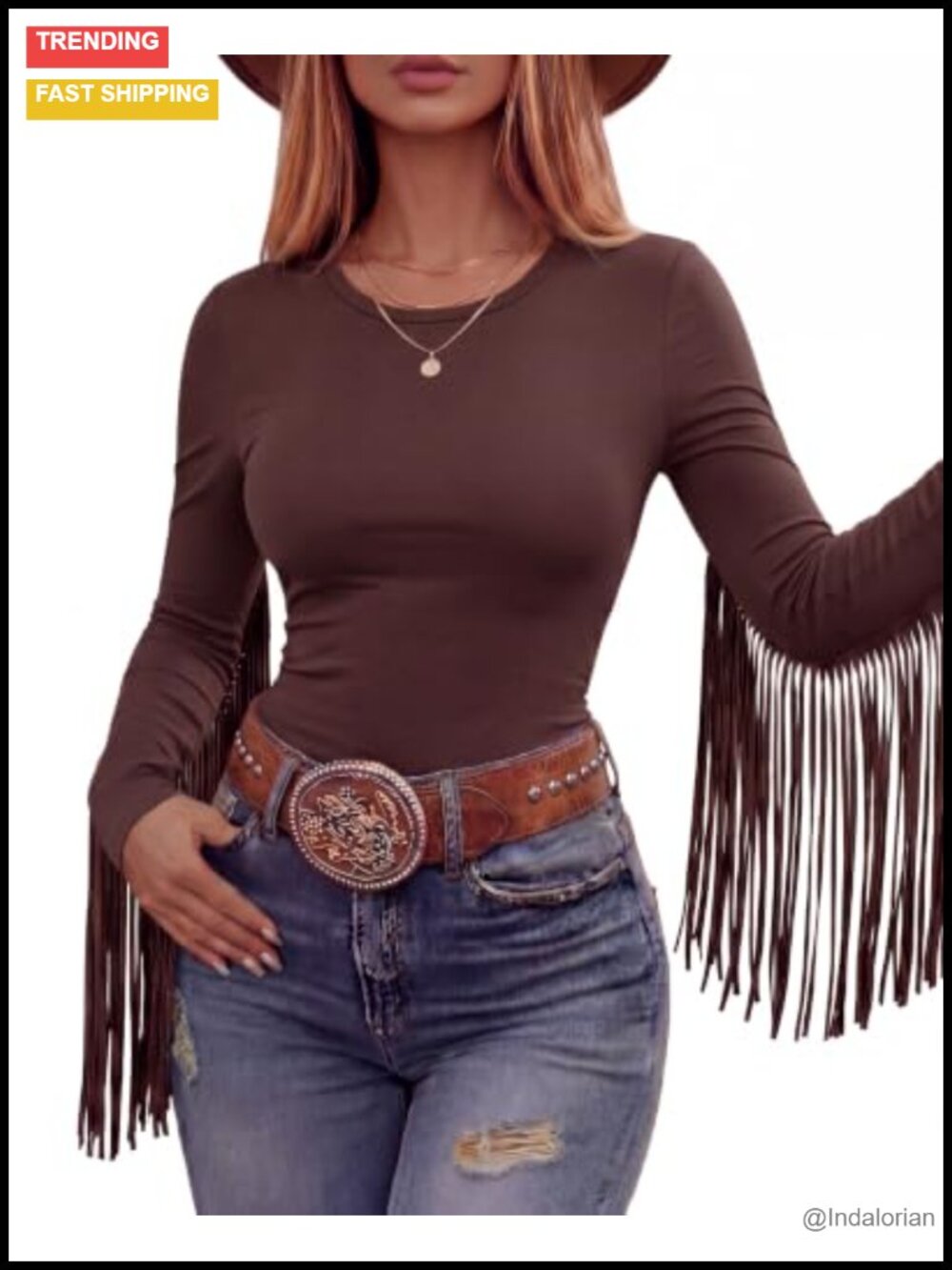Women's Fringe Long Sleeve Crew Neck Crop Top Western Cowgirl Concert Shirt